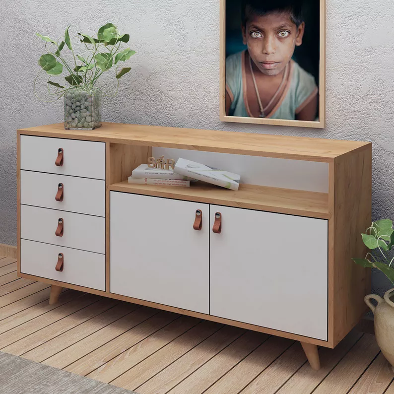 Console Linvia avec 4 tiroirs chêne / noir