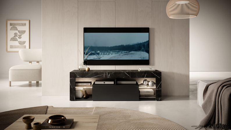 BIANKO Meuble TV 140 cm marbre noir / front noir
