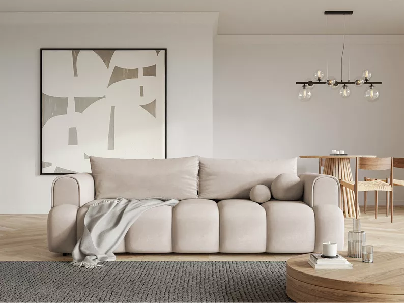 Kanapa trzyosobowa Dandelino z funkcją spania szarobeżowa welur hydrofobowy