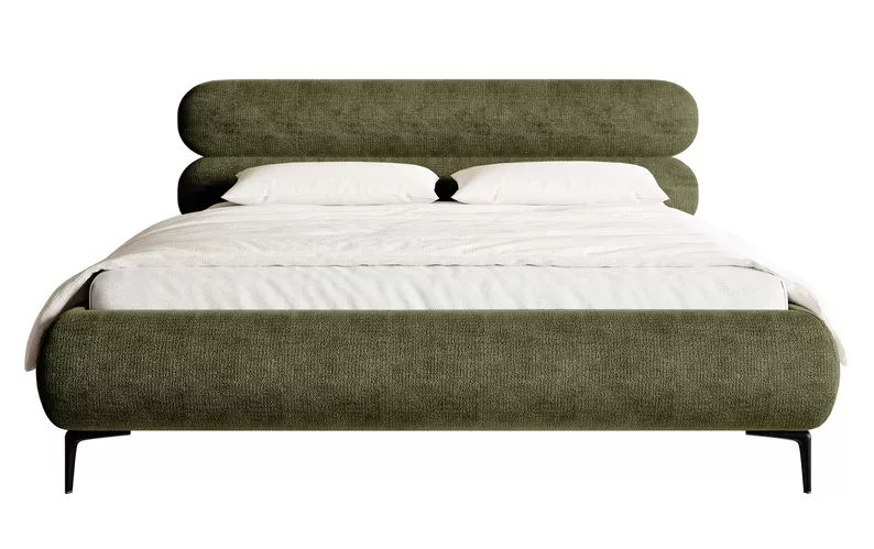 Łóżko tapicerowane 180x200 cm Roule z pojemnikiem stelaż metalowy oliwkowe szenil nóżki czarne