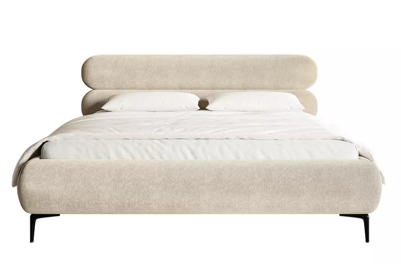 Łóżko tapicerowane 180x200 cm Roule z pojemnikiem stelaż metalowy jasnobeżowe welur hydrofobowy nóżki czarne