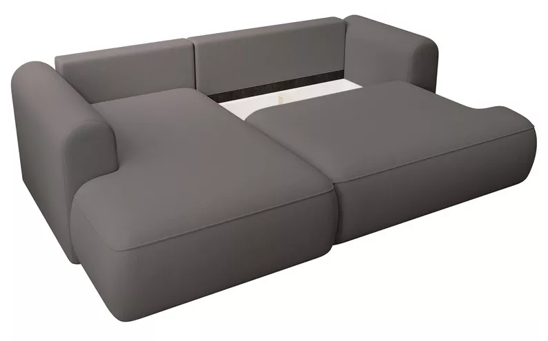 Ciemnoszary narożnik Ovo mini lewostronny z funkcją spania i pojemnikiem na pościel.