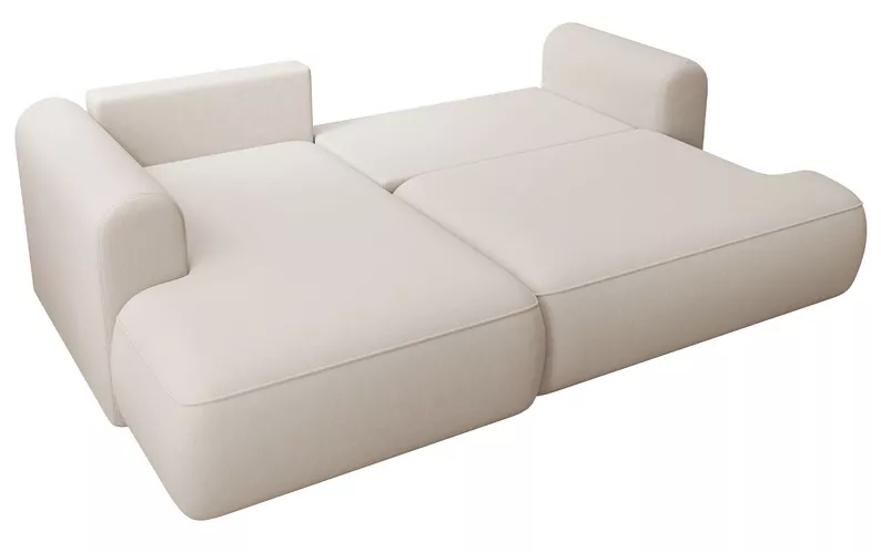 Kremowy narożnik Ovo mini L-kształtny z funkcją spania i pojemnikiem na pościel.