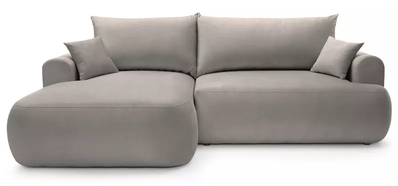 Jasnoszary narożnik Ovo lewostronny z funkcją spania i pojemnikiem na pościel.