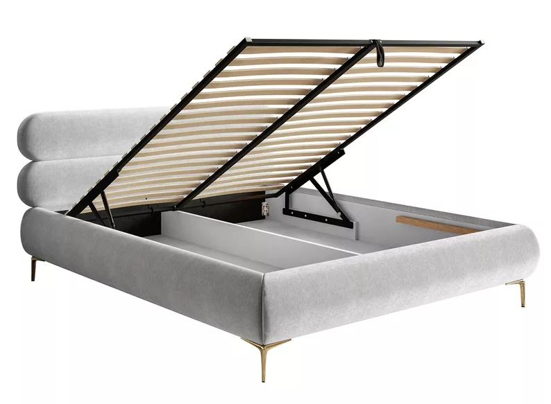 Łóżko tapicerowane 140x200 cm Roule z pojemnikiem stelaż metalowy jasnoszare welur hydrofobowy nóżki złote