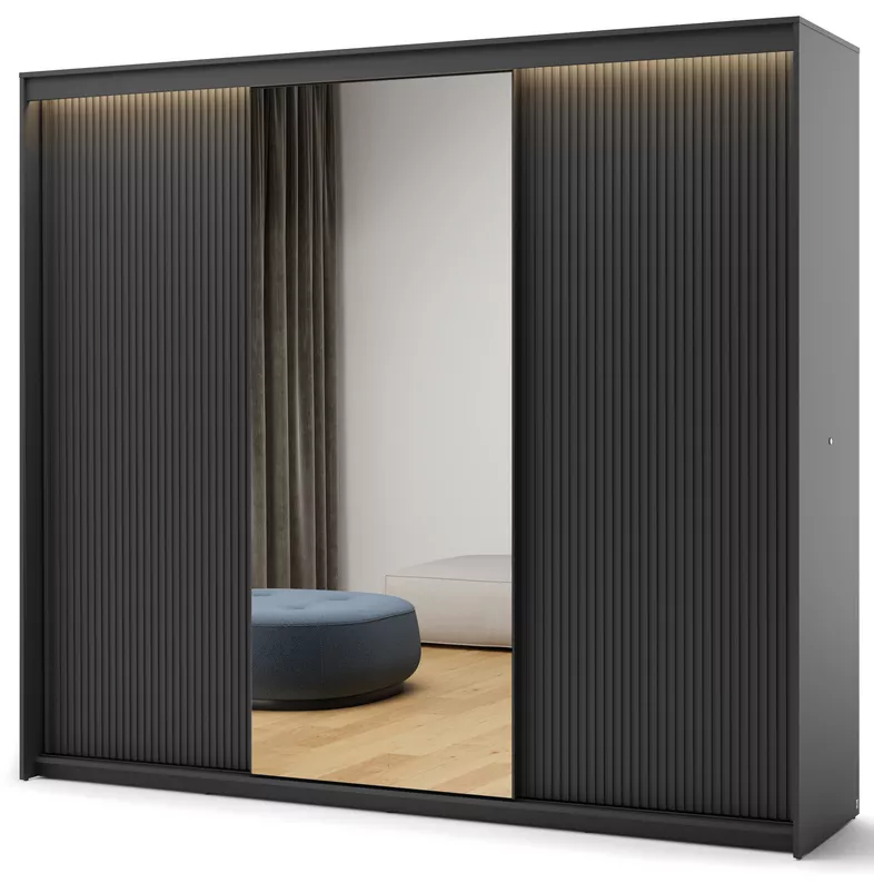 Szafa przesuwna Trend trzydrzwiowa z lustrem i oświetleniem 250 cm ryflowane fronty czarna