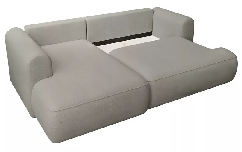 Jasnoszary narożnik Ovo mini L-kształtny z funkcją spania i pojemnikiem na pościel.