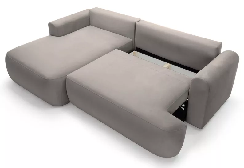 Jasnoszary narożnik Ovo lewostronny z funkcją spania i pojemnikiem na pościel.