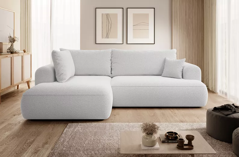 Szary narożnik Ovo L-kształtny z funkcją spania i pojemnikiem na pościel, idealny do salonu.