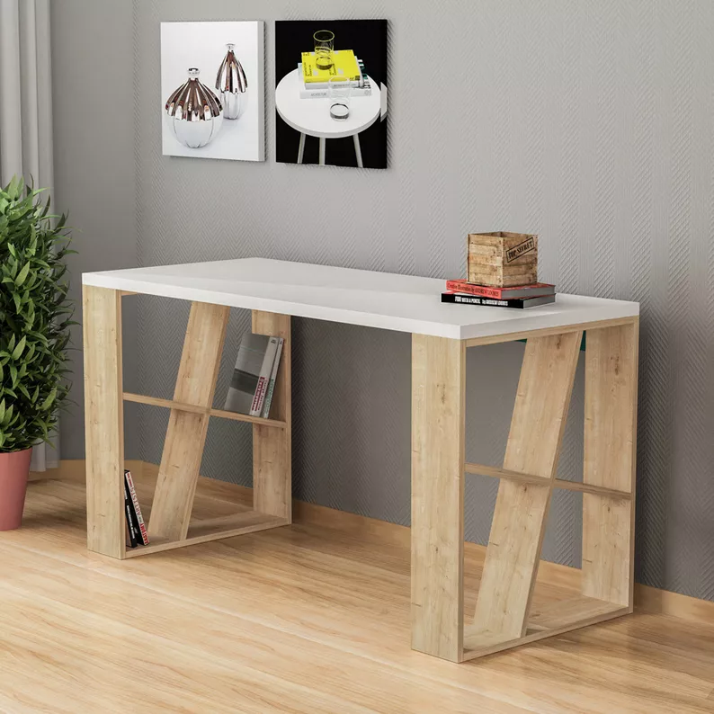 ABERN Bureau en bois 140x60 cm avec un plateau blanc
