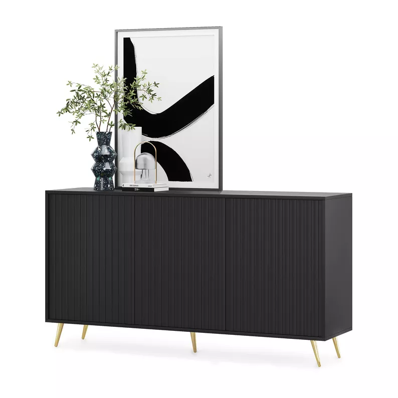Commode Bello avec façades à lamelles 154 cm noir avec pieds dorés