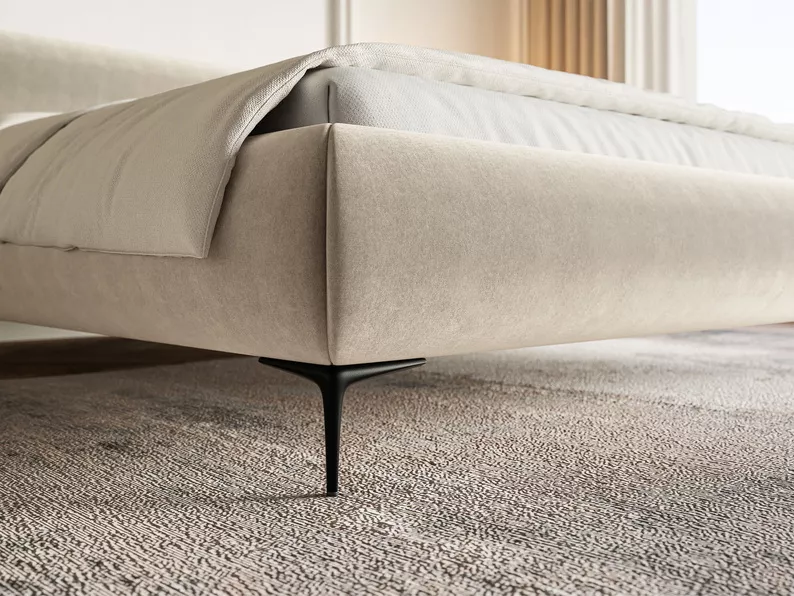 Łóżko tapicerowane 180x200 cm Roule z pojemnikiem stelaż metalowy jasnobeżowe welur hydrofobowy nóżki czarne