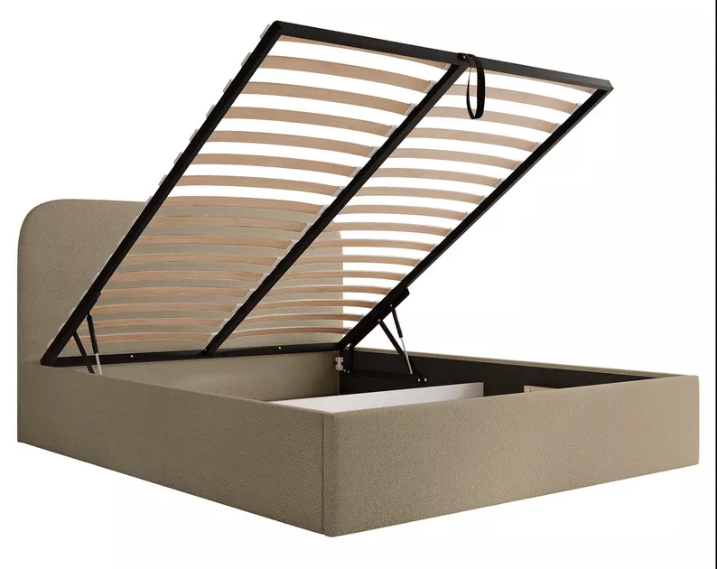 Łóżko tapicerowane 140x200 cm Sonvivo z pojemnikiem na pościel ciemnobeżowe szenil stelaż metalowy