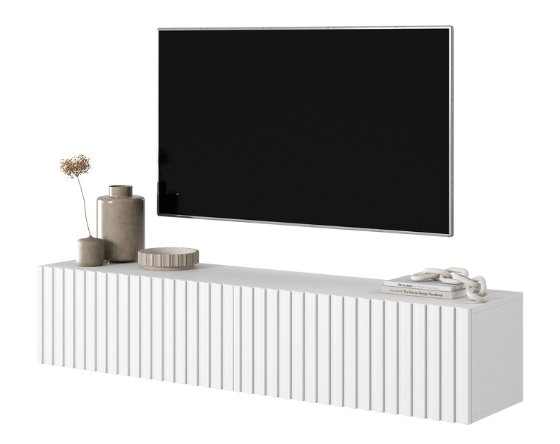  Meuble TV Telire 140 cm Blanc avec façade lamellaire