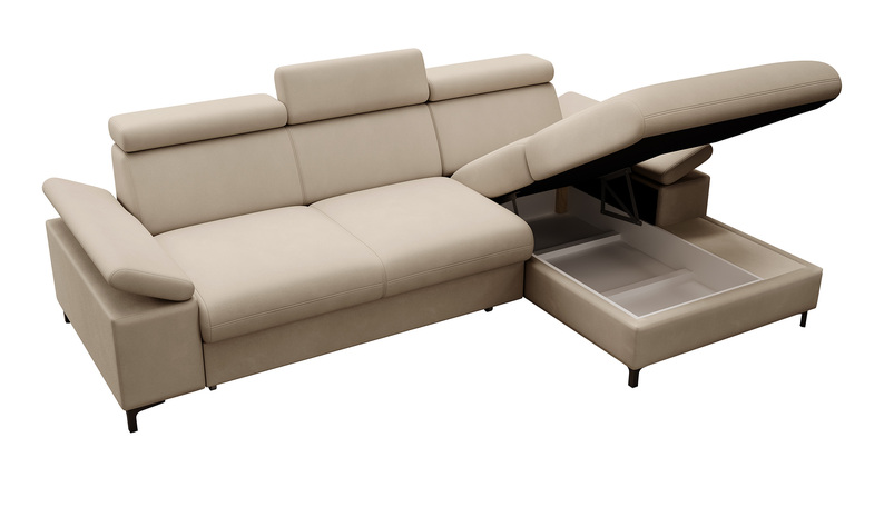MILLEFOLIUM L-forme Canapé d'angle convertible avec fonction lit avec coffre de rangement velours hydrofuge beige foncé droit