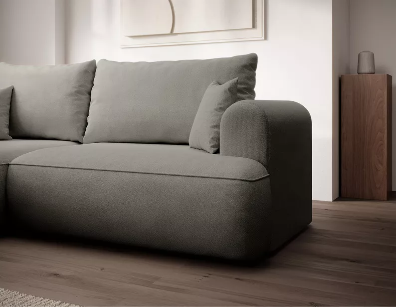 Jasnoszary narożnik Ovo mini L-kształtny z funkcją spania i pojemnikiem na pościel.