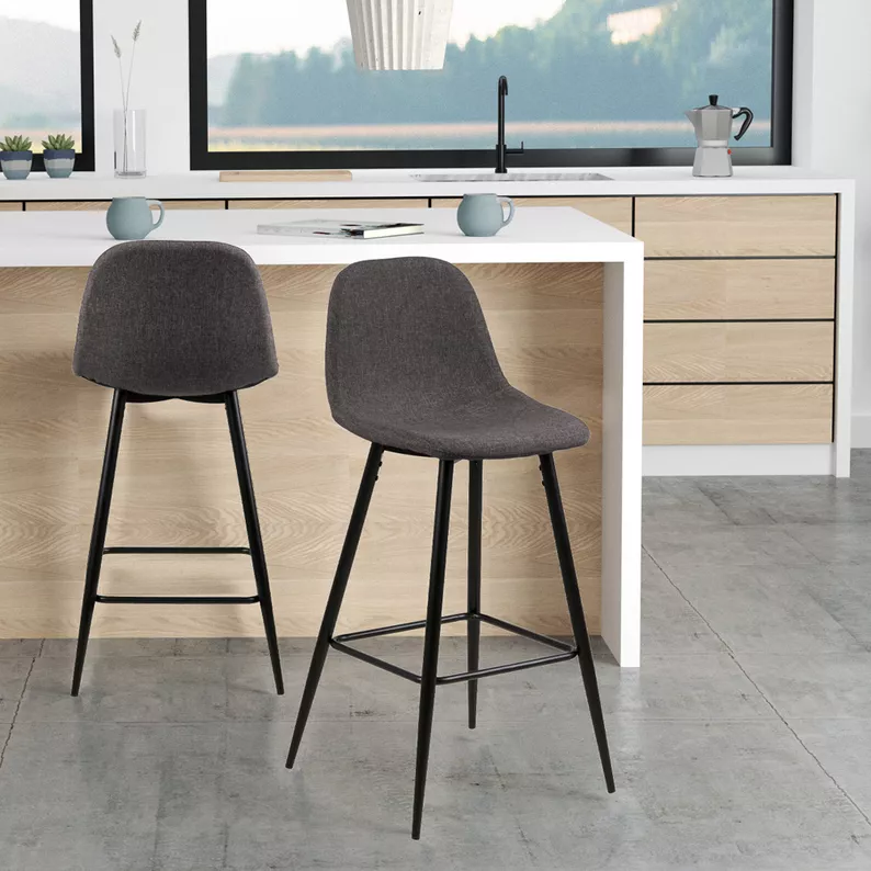 ZAKOMO Lot de deux tabourets tapissés avec galon gris sur un piètement noir de 91 cm