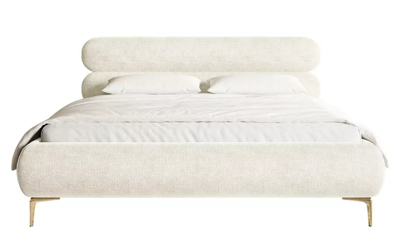 Łóżko tapicerowane 140x200 cm Roule z pojemnikiem stelaż metalowy kremowe szenil nóżki złote