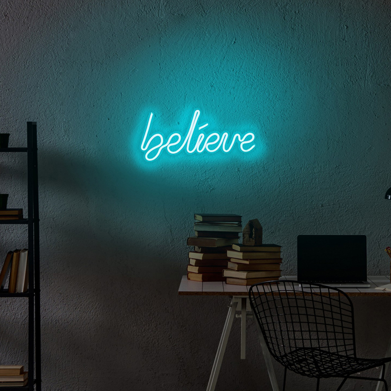 LETELY Enseigne au néon sur le mur avec le mot Believe blue