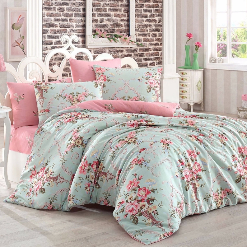 ROSALLINE Parure de lit 200x220 cm avec deux taies d'oreiller 50x70 cm et un drap menthe avec rose