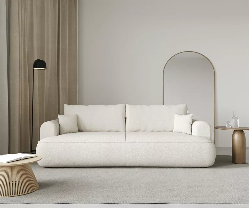 Kanapa rozkładana trzyosobowa Ovo z pojemnikiem kremowa szenil