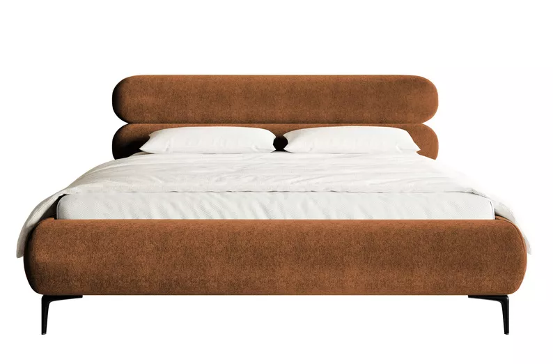 Łóżko tapicerowane 180x200 cm Roule z pojemnikiem stelaż metalowy miedziane welur hydrofobowy nóżki czarne