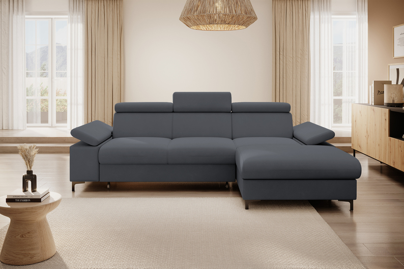 MILLEFOLIUM L-forme Canapé d'angle convertible avec fonction lit avec coffre de rangement velours hydrofuge gris foncé droit