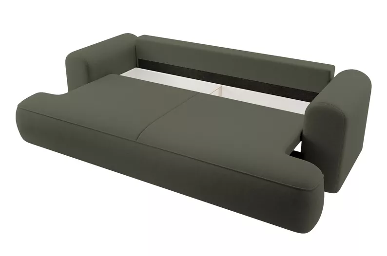 Kanapa rozkładana trzyosobowa Ovo z pojemnikiem oliwkowa welur w tkaninie łatwoczyszczącej