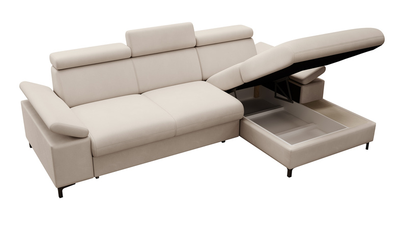 MILLEFOLIUM L-forme Canapé d'angle convertible avec fonction lit avec coffre de rangement velours hydrofuge beige droit