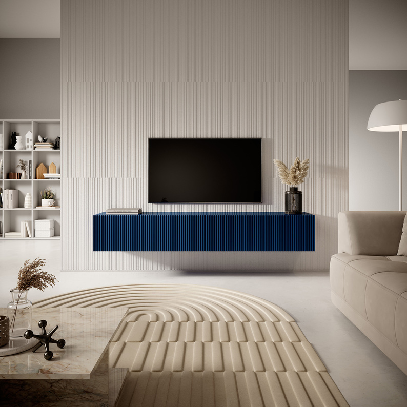 VELDIO Meuble TV 175 cm bleu marine avec façade fraisée