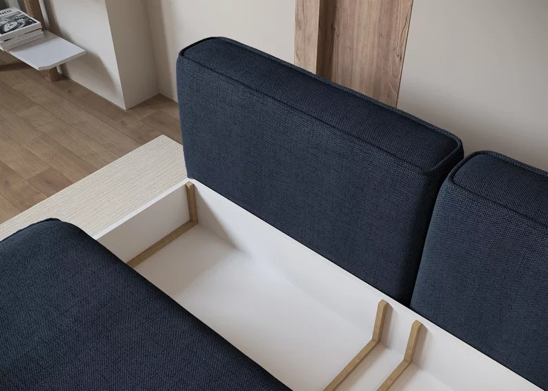 Kanapa rozkładana trzyosobowa Leanno z pojemnikiem granatowa szenil hydrofobowy