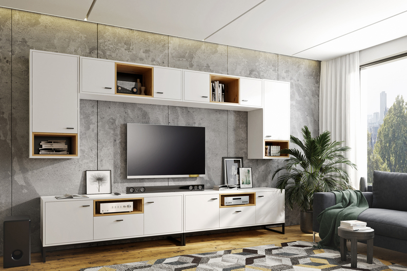 Meuble TV Bonila, 135 cm, avec un tiroir, blanc / chêne artisanal