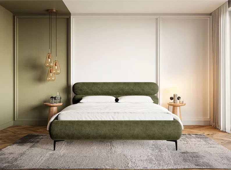 Łóżko tapicerowane 180x200 cm Roule z pojemnikiem stelaż metalowy oliwkowe szenil nóżki czarne