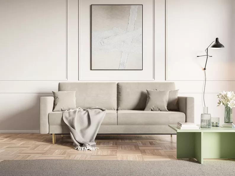 VALICO Canapé-lit trois places en velours beige hydrophobe