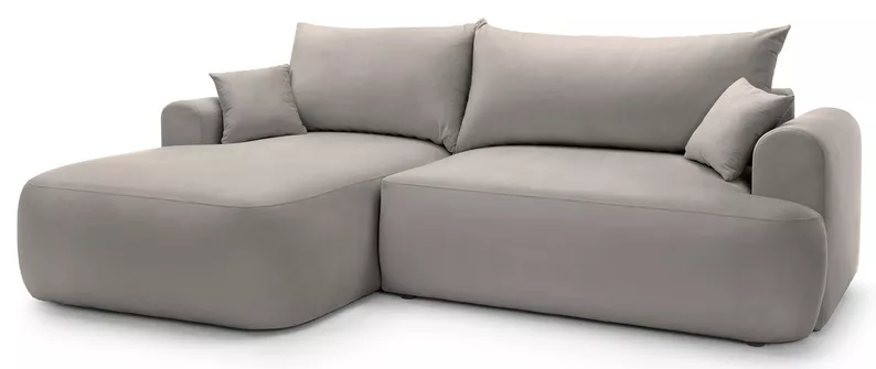 Jasnoszary narożnik Ovo lewostronny z funkcją spania i pojemnikiem na pościel.