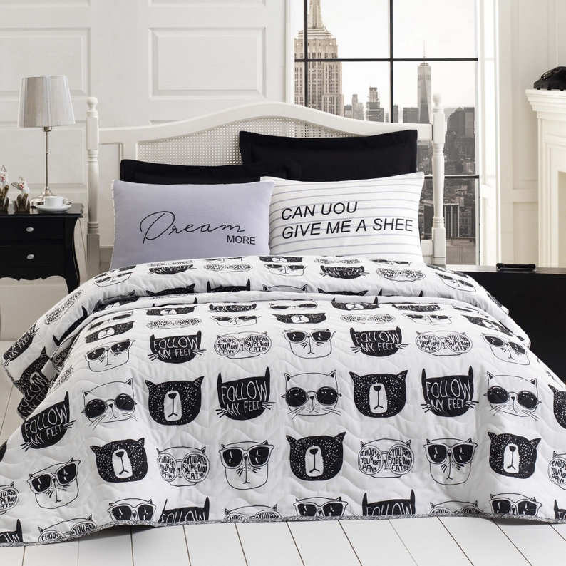 MONOCHROME CATS Couvre-lit 200x220 cm avec deux taies d'oreiller 50x70 cm noir et blanc