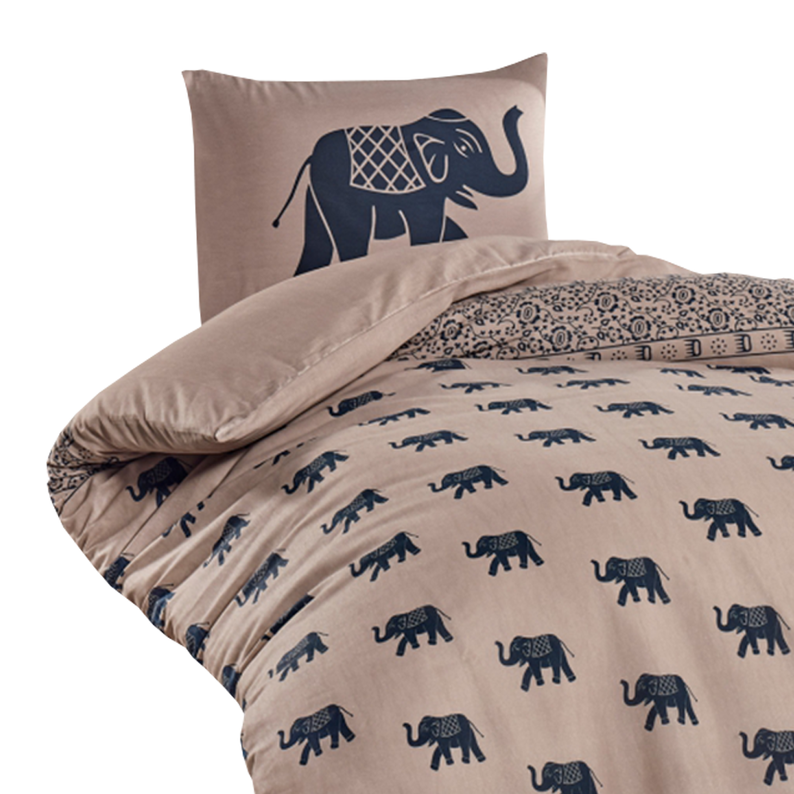 INDIE Parure de lit 140x220 cm avec taie d'oreiller 50x70 cm éléphants marine