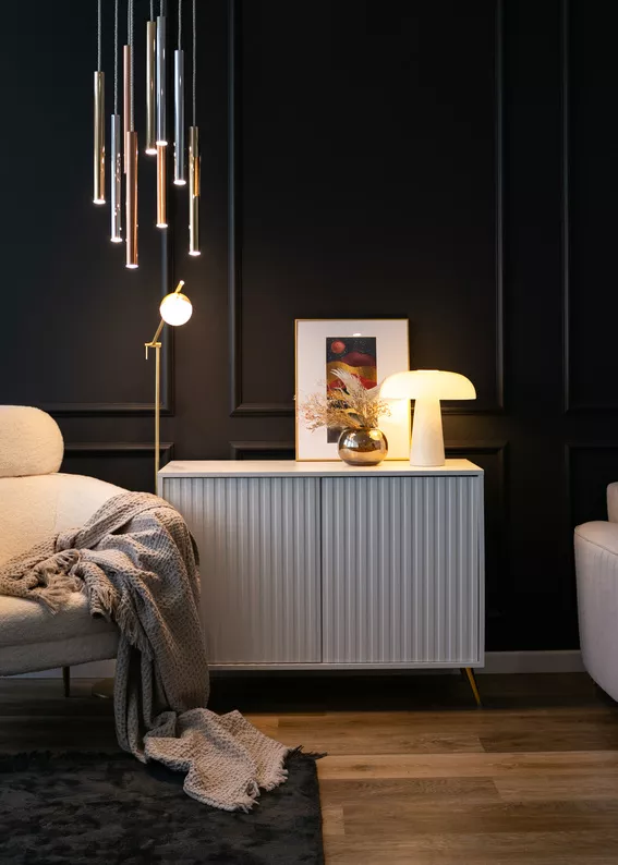 Commode Bello avec façades à lamelles 104 cm blanc avec pieds dorés