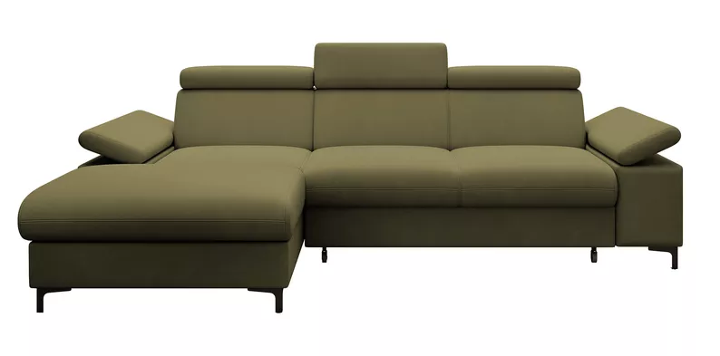 MILLEFOLIUM L-forme Canapé d'angle convertible avec fonction lit avec coffre de rangement velours hydrofuge olive gauche
