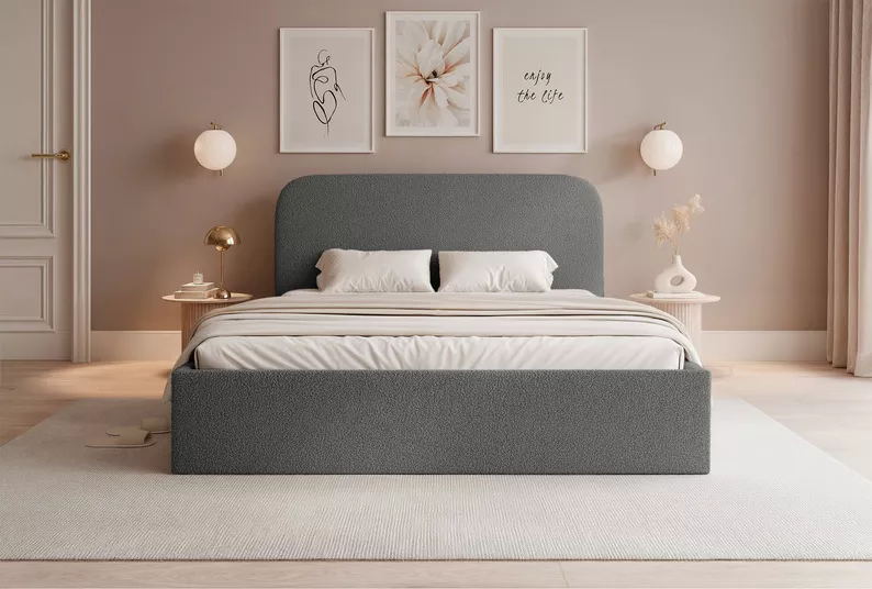 Łóżko tapicerowane 140x200 cm Sonvivo z pojemnikiem na pościel ciemnoszare boucle stelaż metalowy