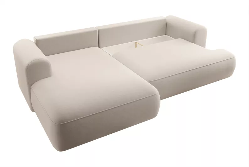 Canapé d'angle convertible Ovo en L velours beige clair avec bac en tissu facile à nettoyer, côté gauche