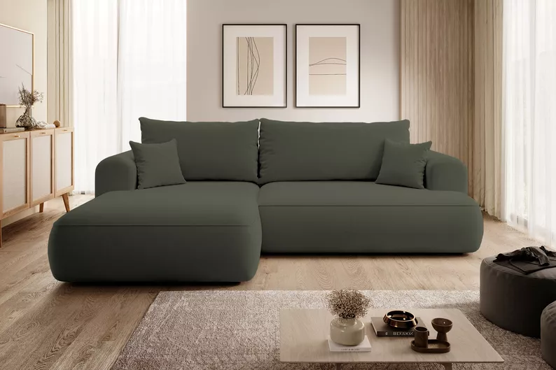  Canapé d'angle convertible Ovo en L velours olive avec bac en tissu facile à nettoyer, côté gauche