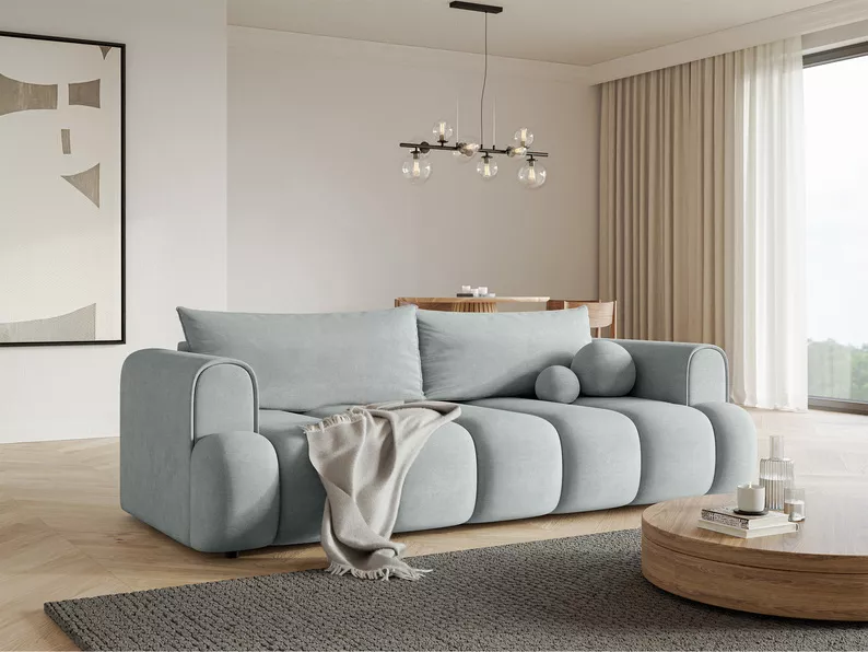 Kanapa trzyosobowa Dandelino z funkcją spania jasnoszara welur hydrofobowy