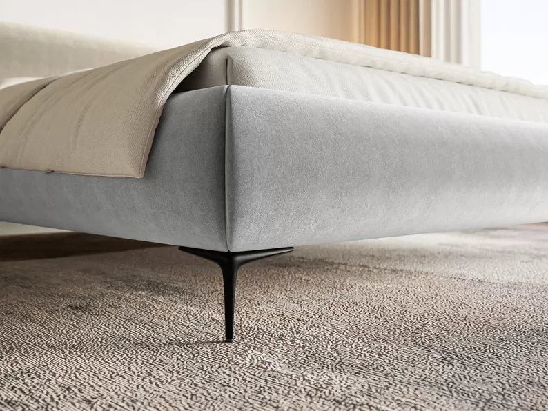 Łóżko tapicerowane 180x200 cm Roule z pojemnikiem stelaż metalowy jasnoszare welur hydrofobowy nóżki czarne