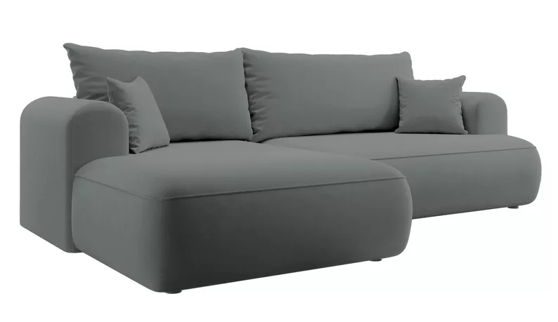 Canapé d'angle convertible Ovo en L velours gris foncé avec bac en tissu facile à nettoyer, côté gauche