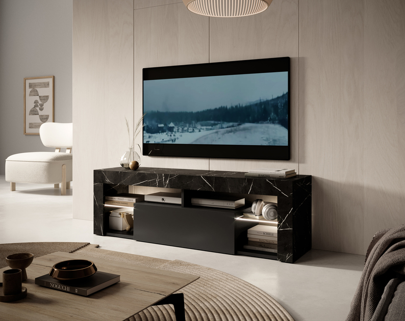 BIANKO Meuble TV 140 cm marbre noir / front noir