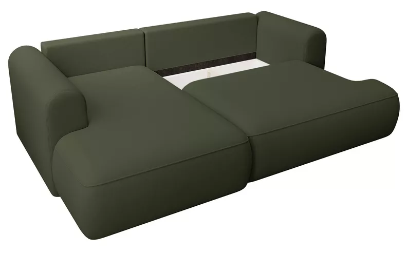 Oliwkowy narożnik Ovo mini L-kształtny z funkcją spania, idealny do nowoczesnego salonu.