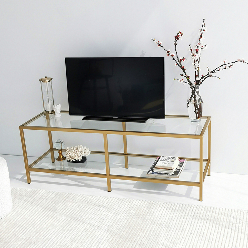 Meuble TV en verre Bassoca avec cadre doré 130 cm