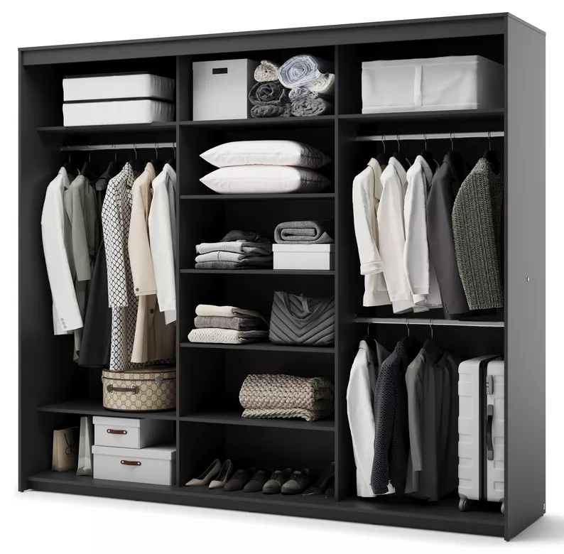 Szafa przesuwna Trend trzydrzwiowa z lustrem i oświetleniem 250 cm ryflowane fronty czarna