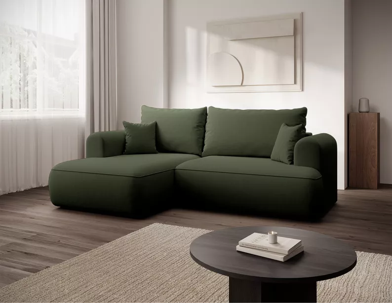 Oliwkowy narożnik Ovo mini L-kształtny z funkcją spania, idealny do nowoczesnego salonu.